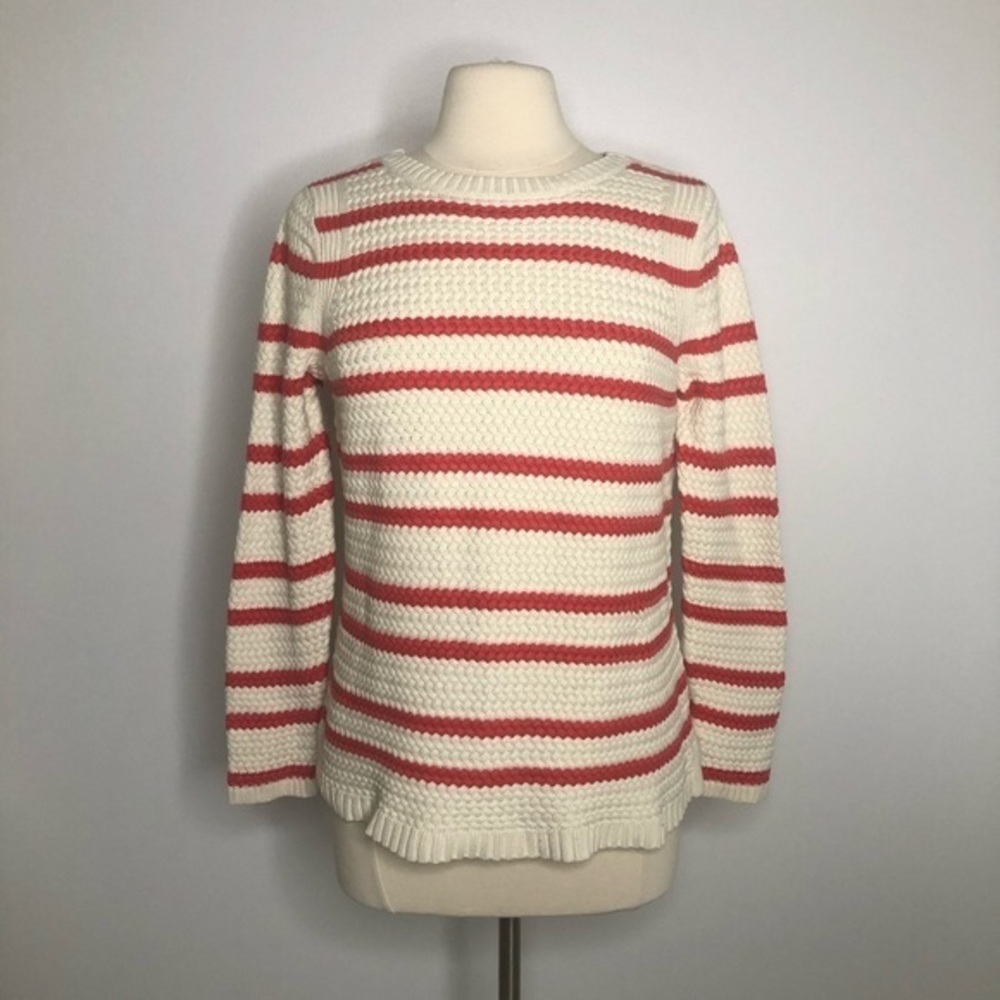 Talbots cream with coral stripes cable knit sweater, size Petite large
